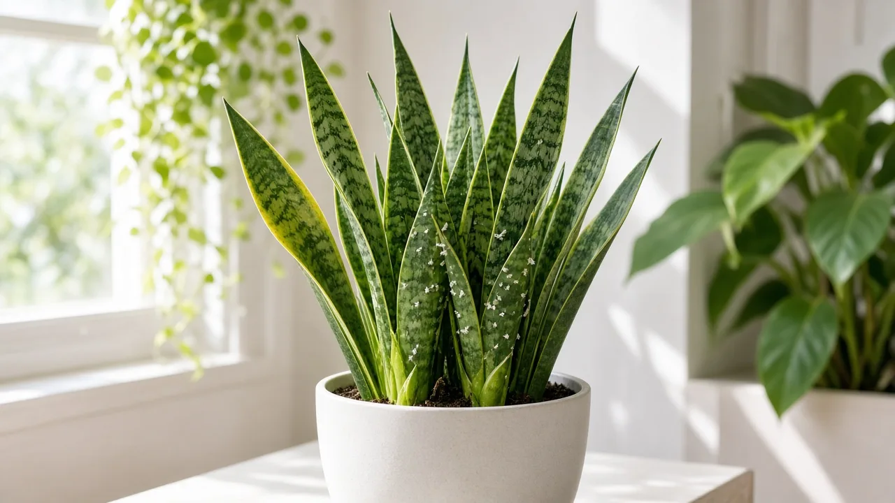 Whiteflies on Snake Plant - tiny white insects on upright sword leaf undersides