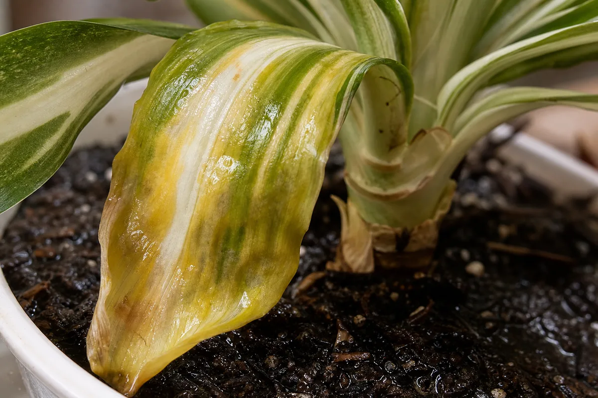 Close-up of Overwatering on Song of India - diagnostic detail