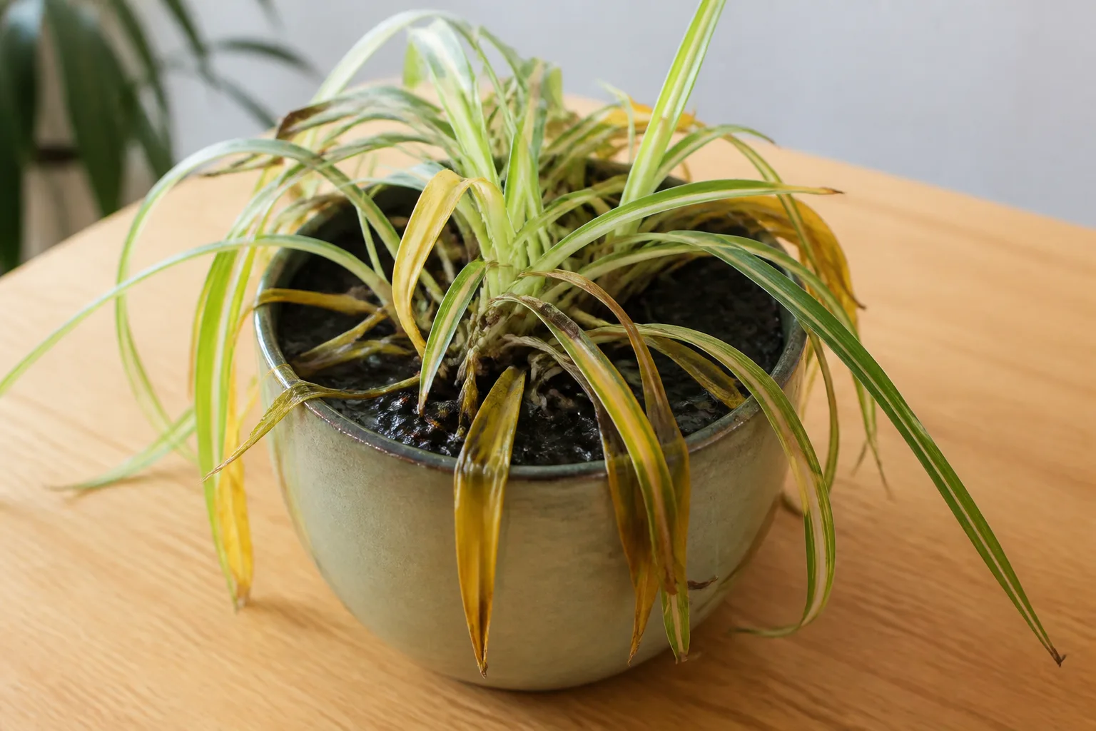 Overwatering on Spider Plant - visible symptom on the plant