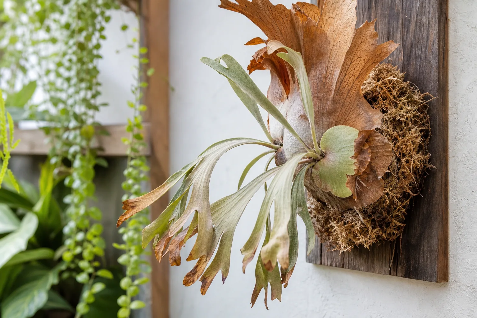 Underwatering on Staghorn Fern - visible symptom on the plant