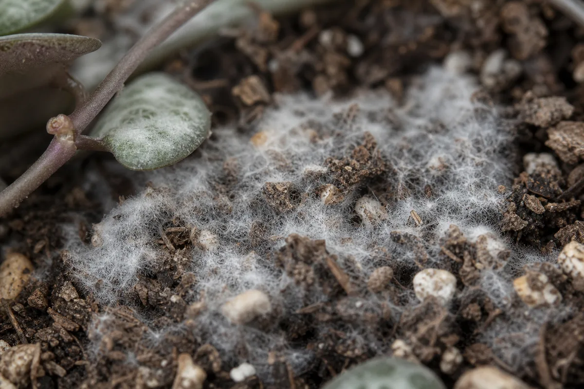 Close-up of Mold on Soil on String of Hearts - diagnostic detail