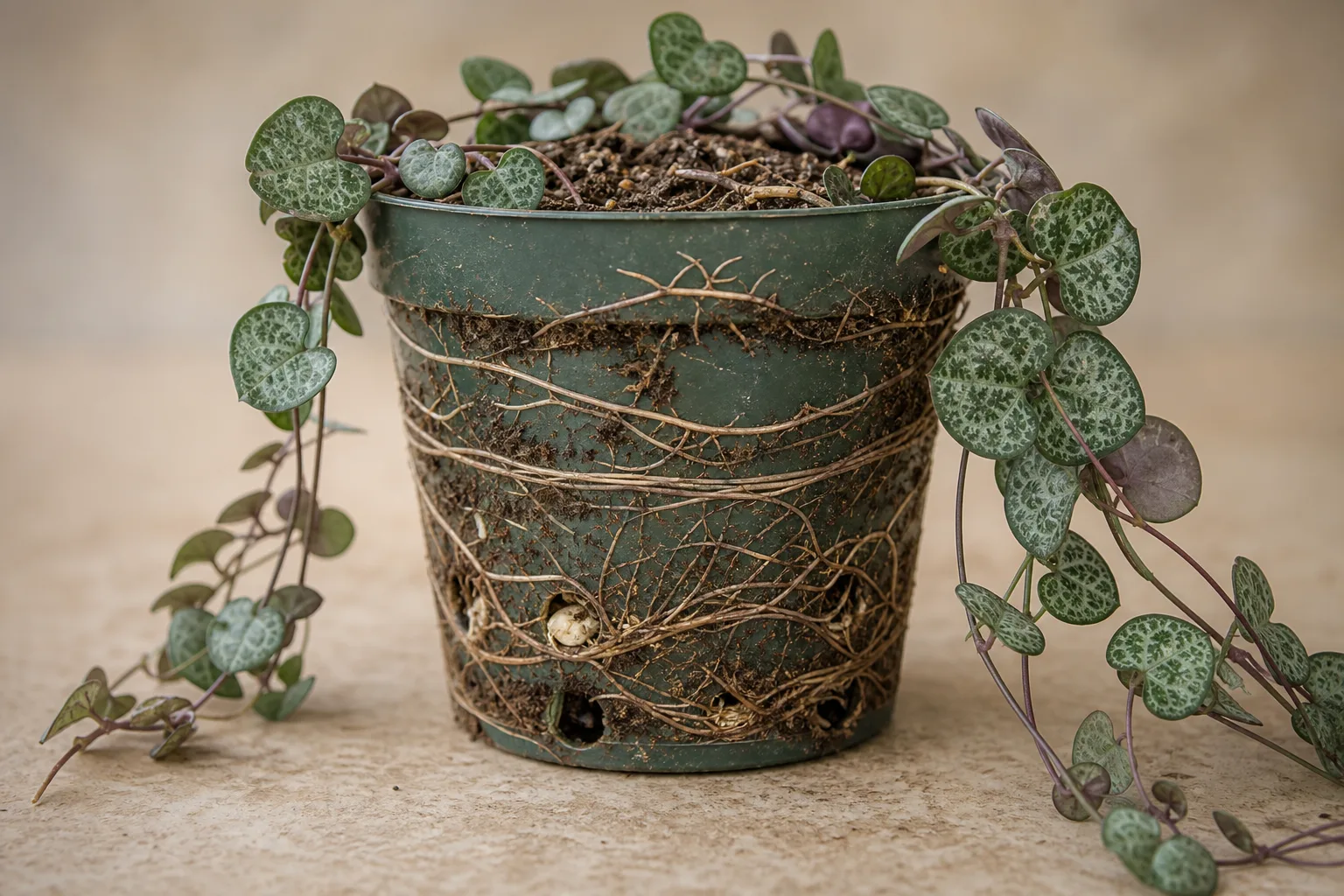 Root Bound on String of Hearts - visible symptom on the plant