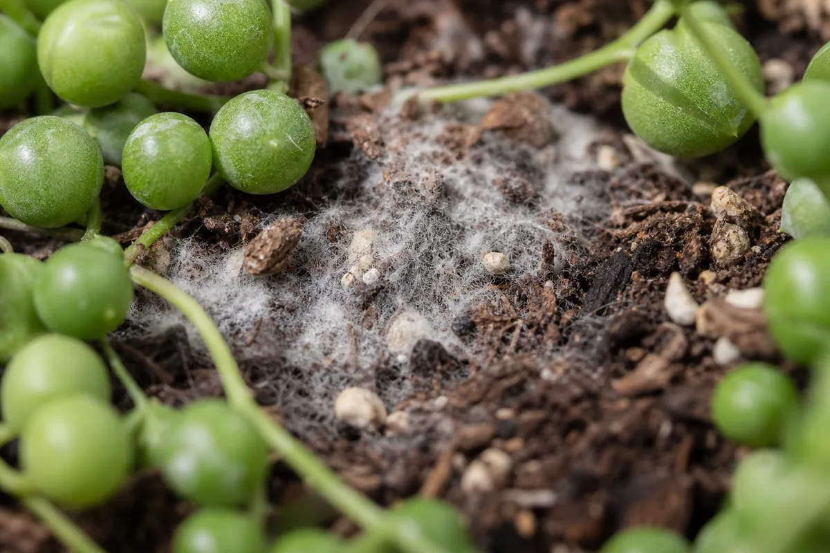 Close-up of Mold on Soil on String of Pearls - diagnostic detail