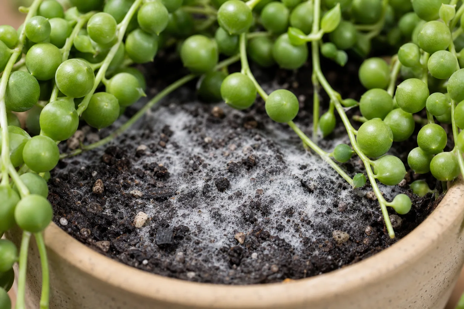 Mold on Soil on String of Pearls - visible symptom on the plant