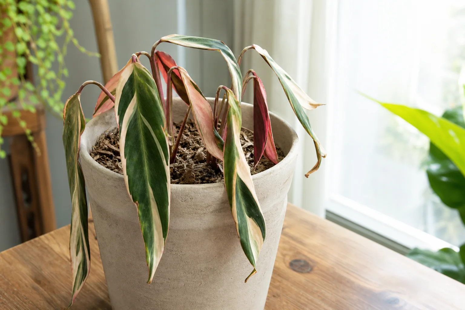 Underwatering on Stromanthe Triostar - visible symptom on the plant