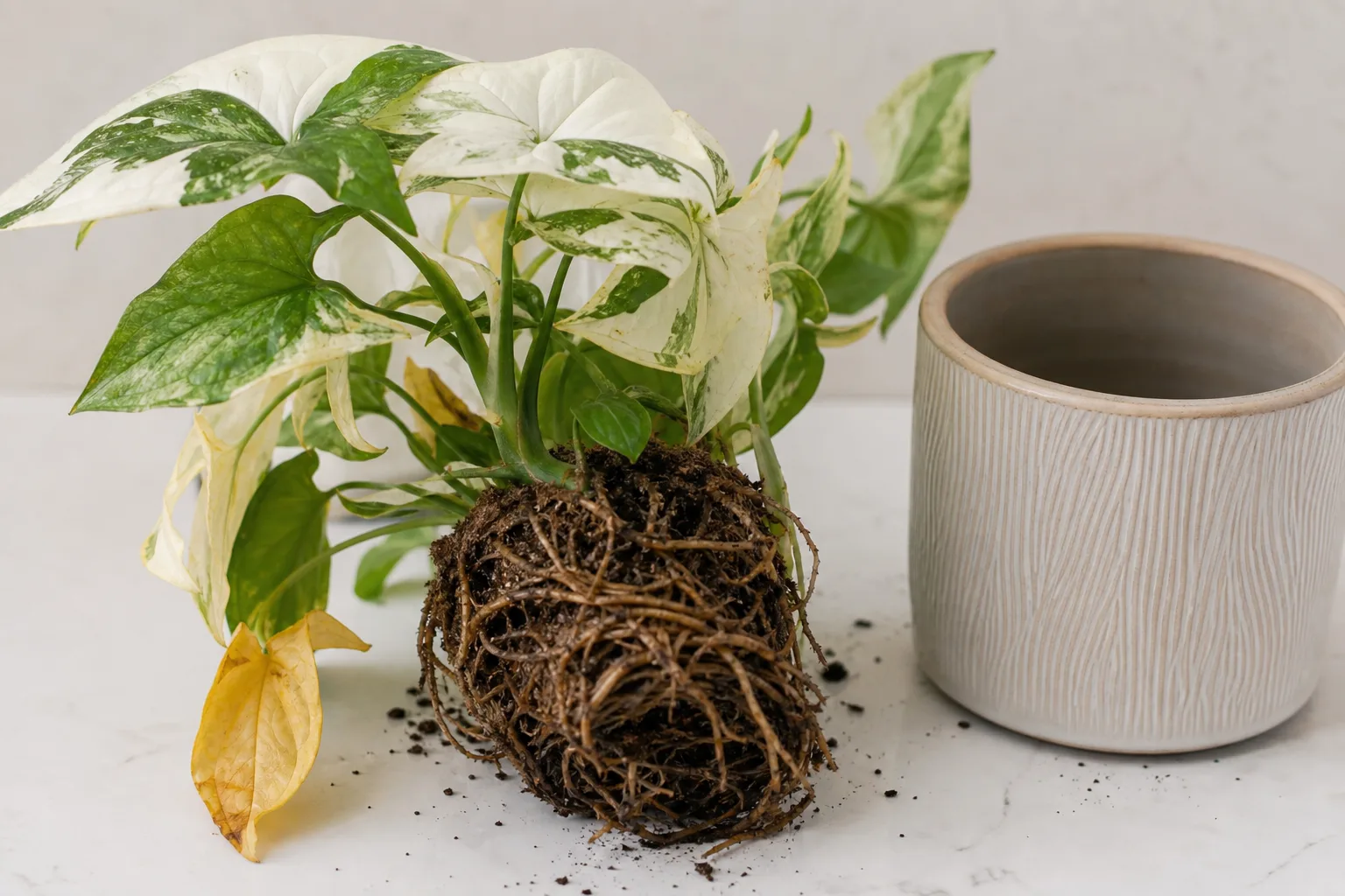 Root rot on Syngonium Albo is visible as dark, softened roots that need removal before repotting