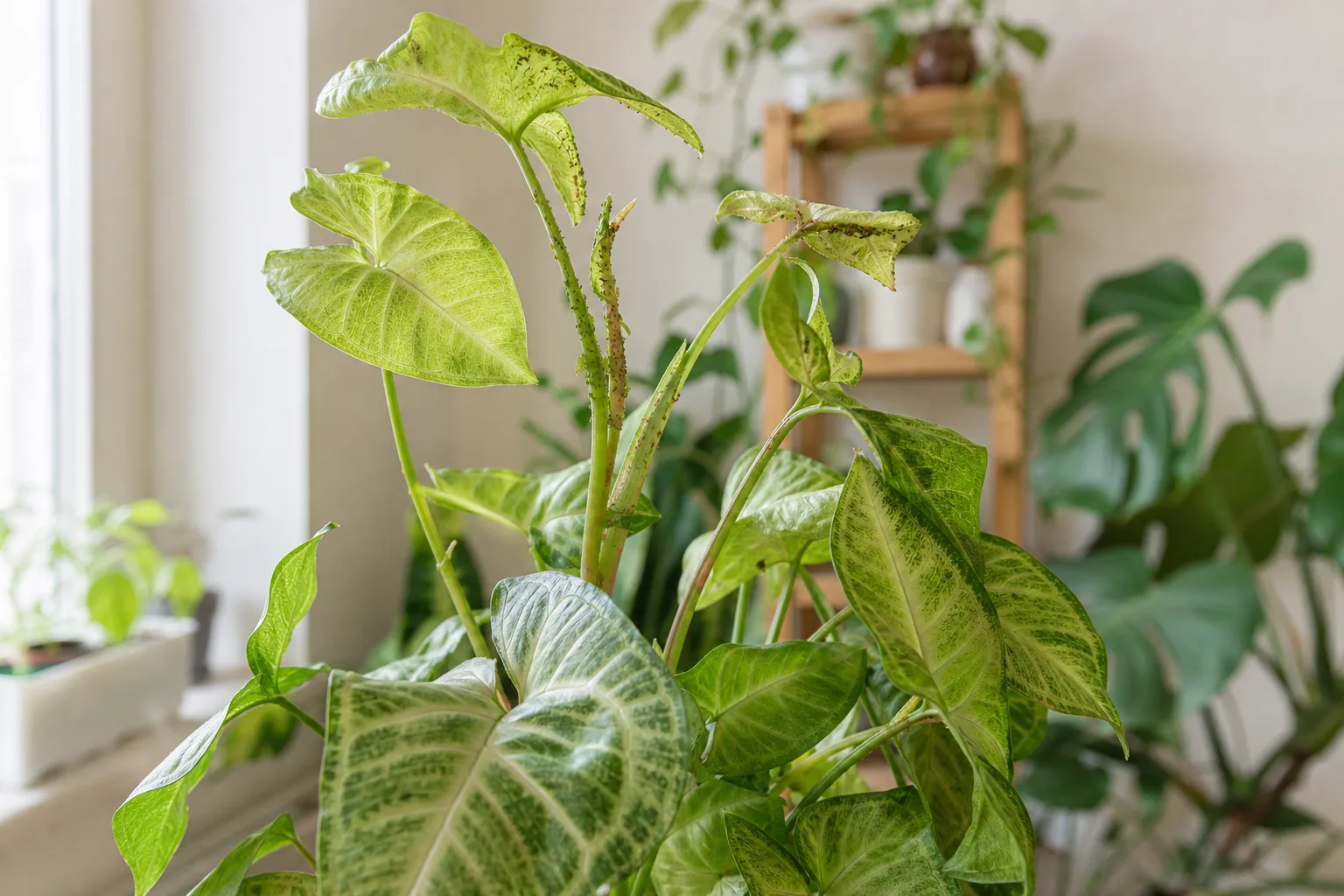 Aphids on Syngonium - visible symptom on the plant