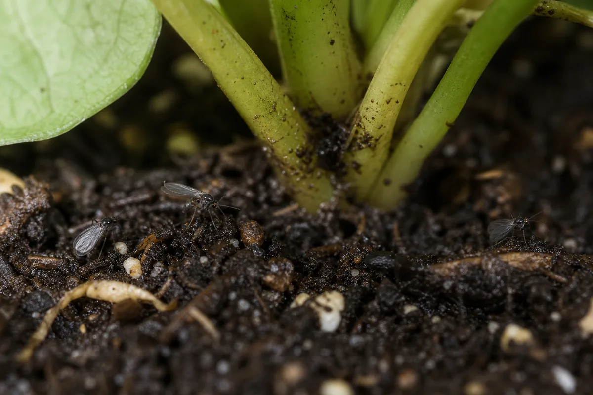 Close-up of Fungus Gnats on Syngonium - diagnostic detail