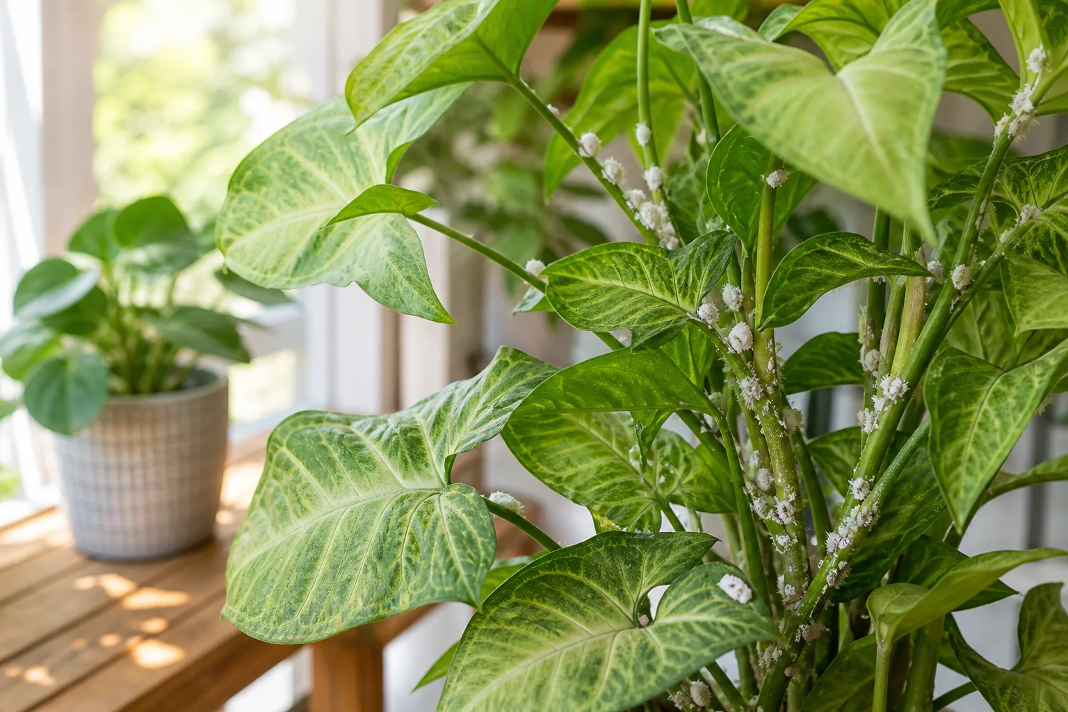 Mealybugs on Syngonium - visible symptom on the plant