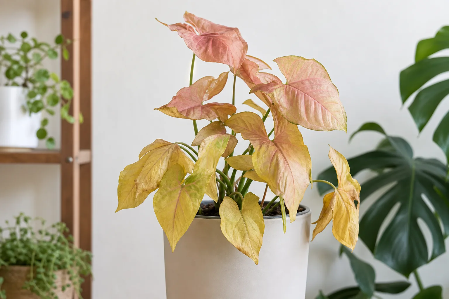 Yellow Leaves on Syngonium Pink - visible symptom on the plant