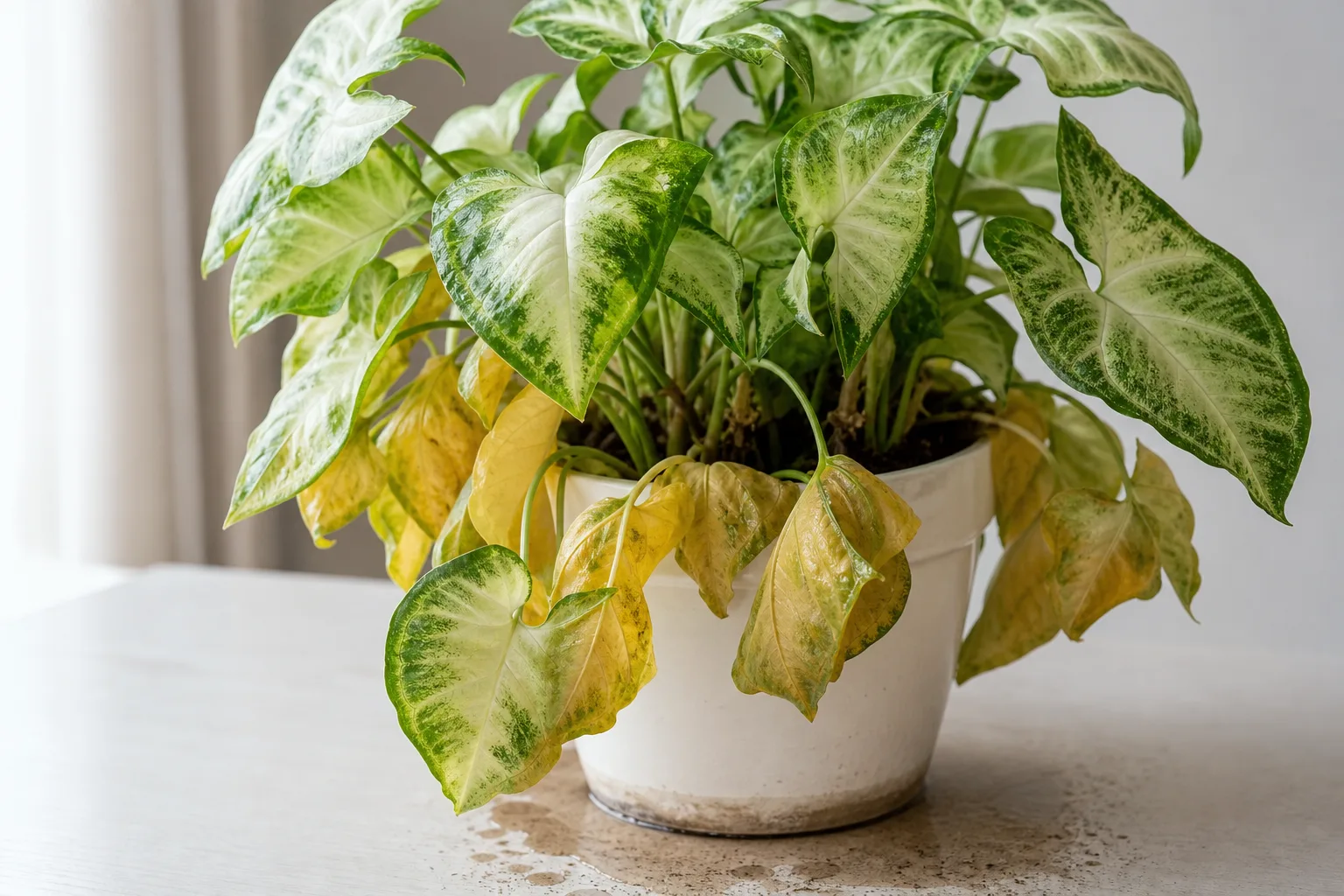 Overwatering on Syngonium White Butterfly - visible symptom on the plant