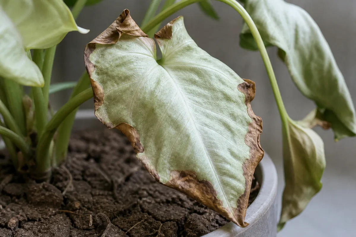 Close-up of Underwatering on Syngonium White Butterfly - diagnostic detail