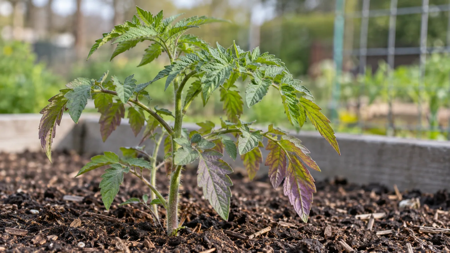 Tomato plant with mild purple discoloration on lower leaves