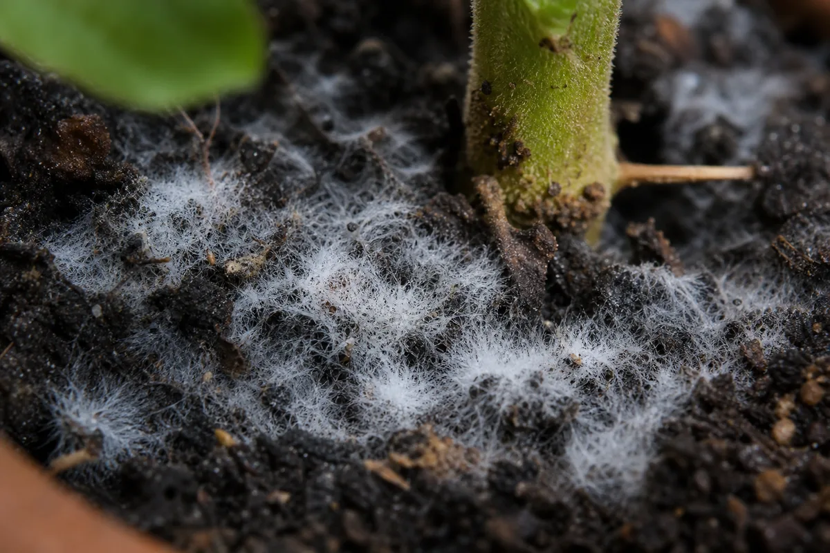 Close-up of Mold on Soil on Tulsi - diagnostic detail