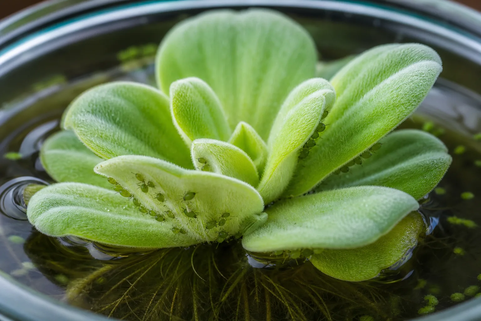 Aphids feeding on the underside of water lettuce leaves
