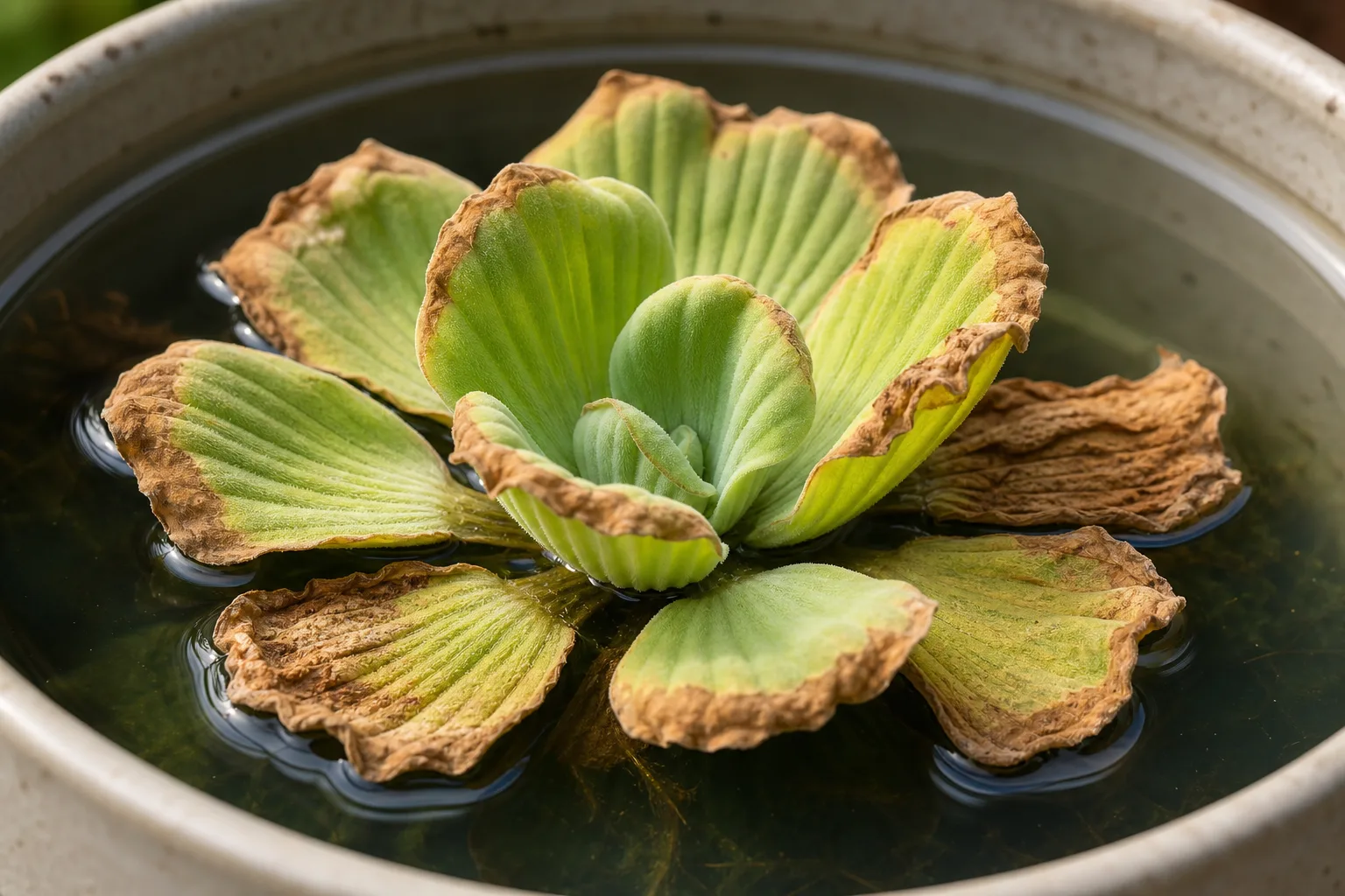 Crispy Leaves on Water Lettuce - visible symptom on the plant