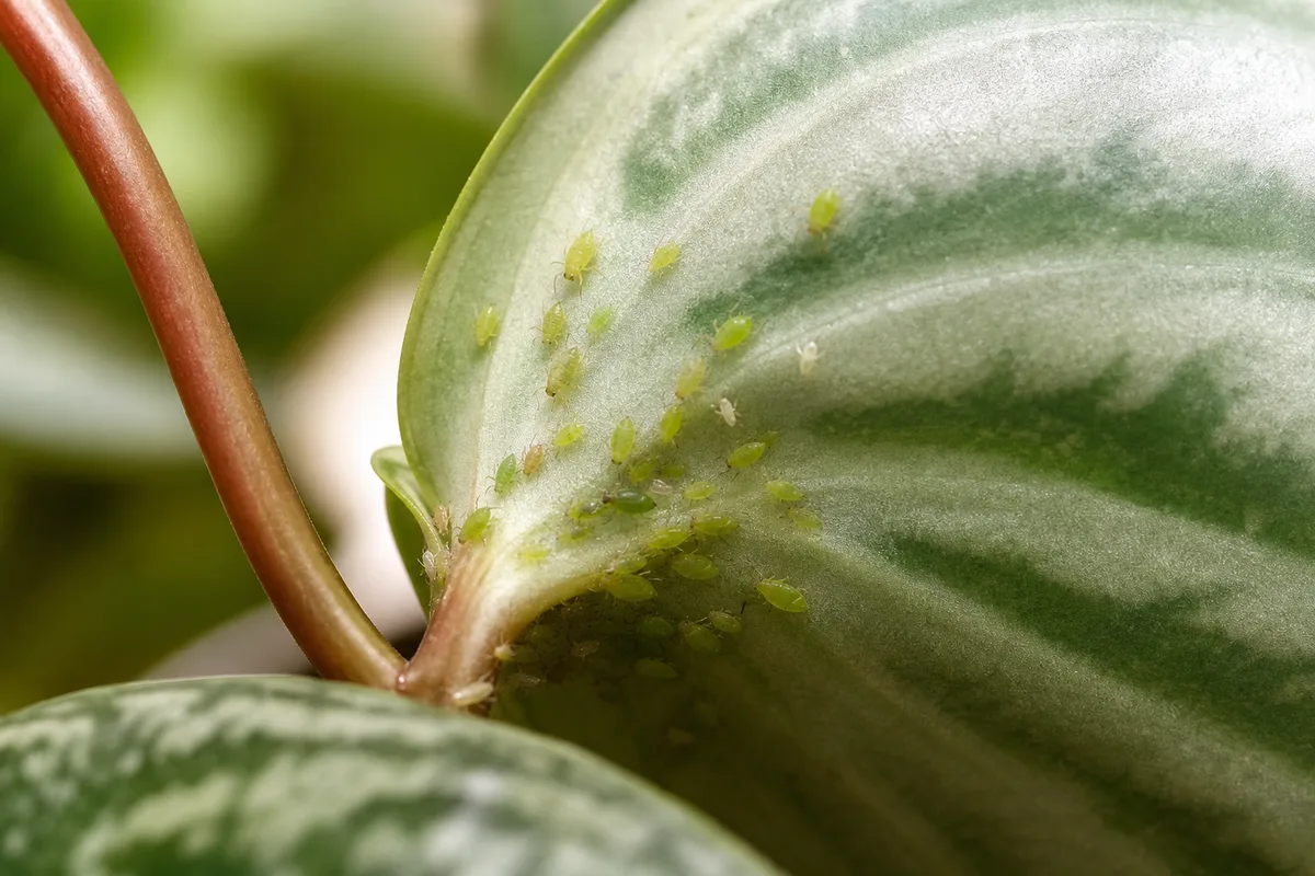 Close-up of Aphids on Watermelon Peperomia - diagnostic detail
