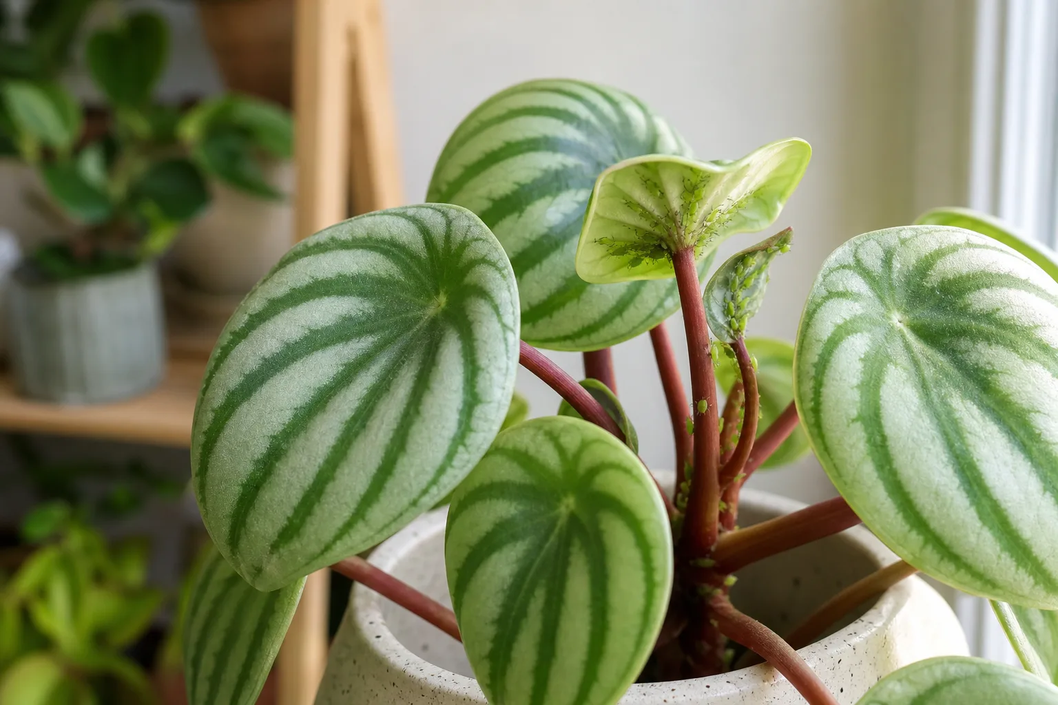 Aphids on Watermelon Peperomia - visible symptom on the plant