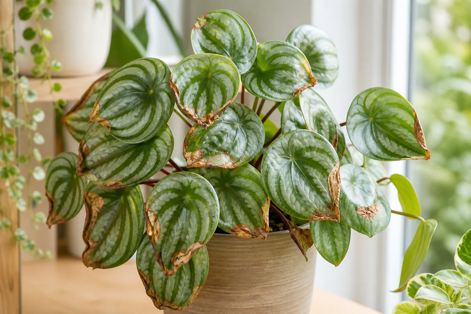 Crispy Leaves on Watermelon Peperomia - visible symptom on the plant