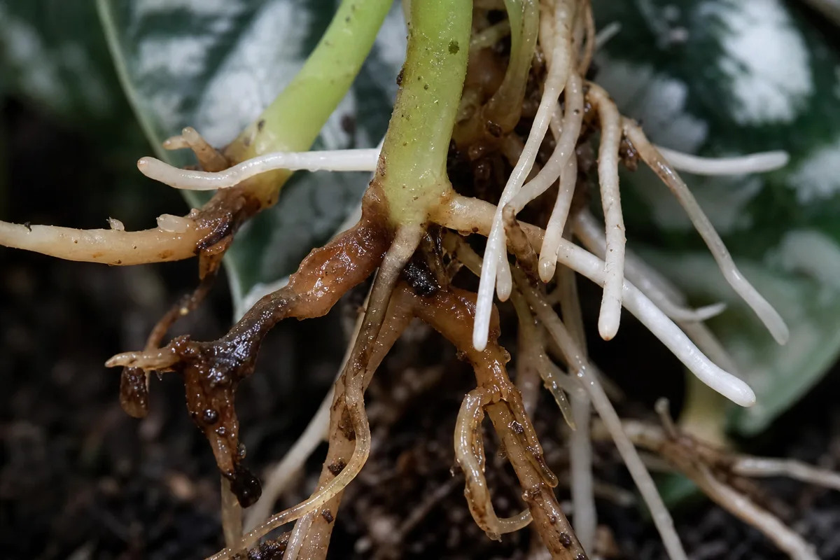 Close-up of Damaged Roots on Watermelon Peperomia - diagnostic detail
