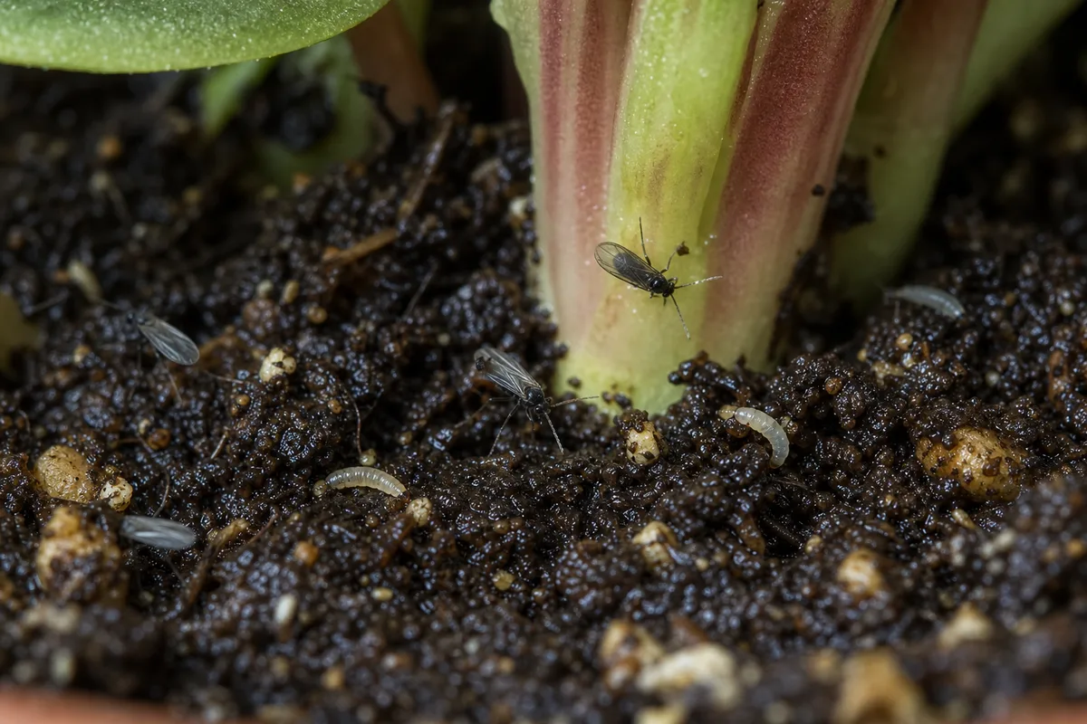 Close-up of Fungus Gnats on Watermelon Peperomia - diagnostic detail