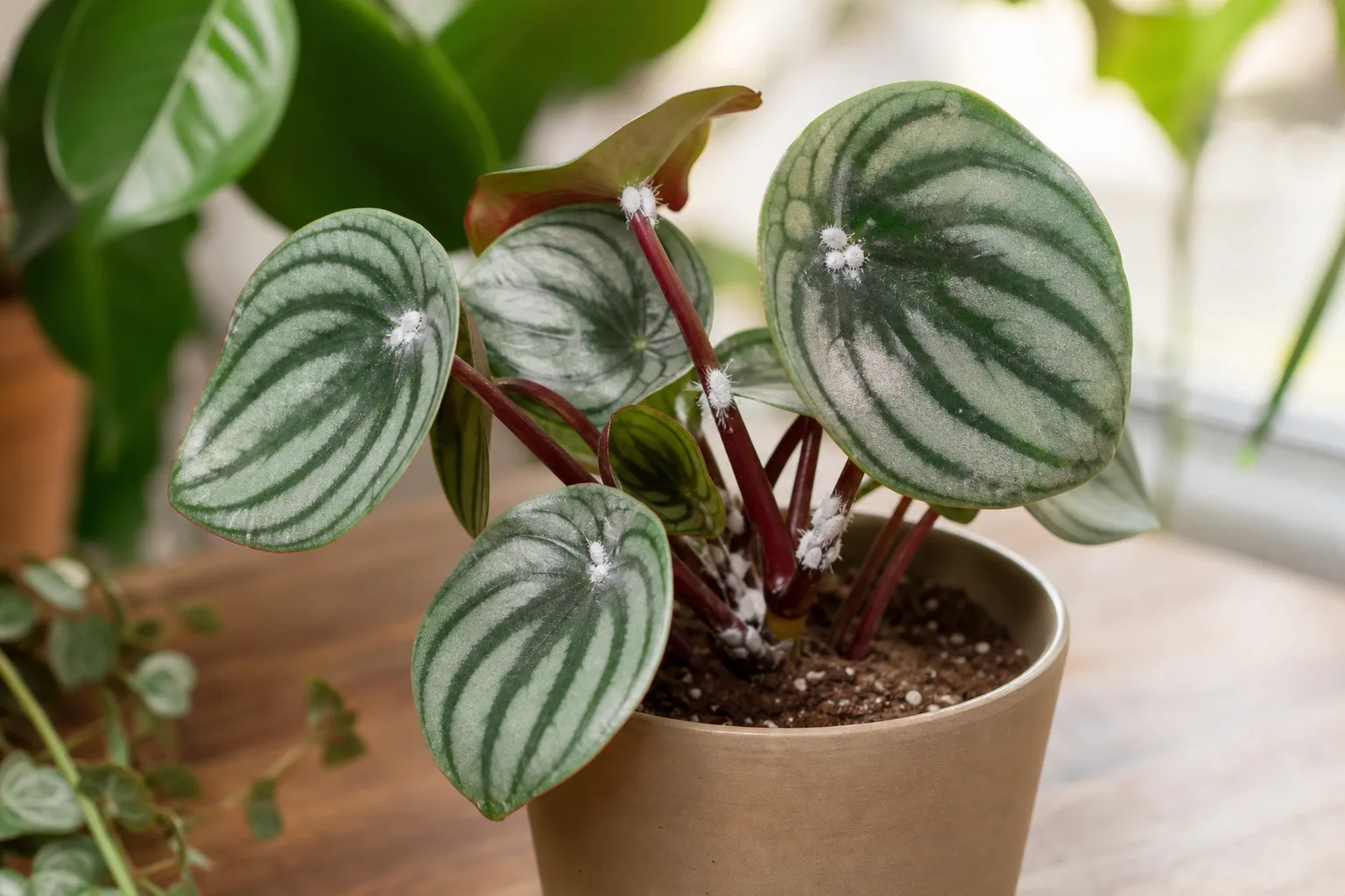 Mealybugs on Watermelon Peperomia - visible symptom on the plant