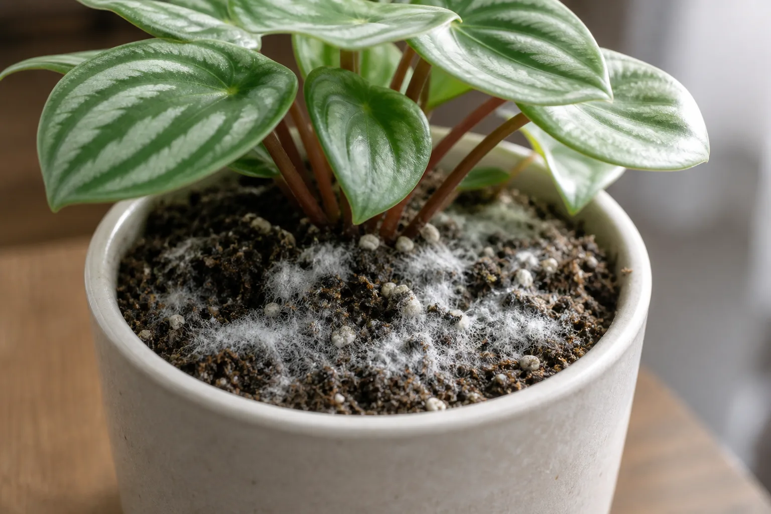Mold on Soil on Watermelon Peperomia - visible symptom on the plant