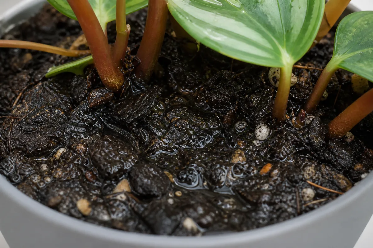 Close-up of Poor Drainage on Watermelon Peperomia - diagnostic detail