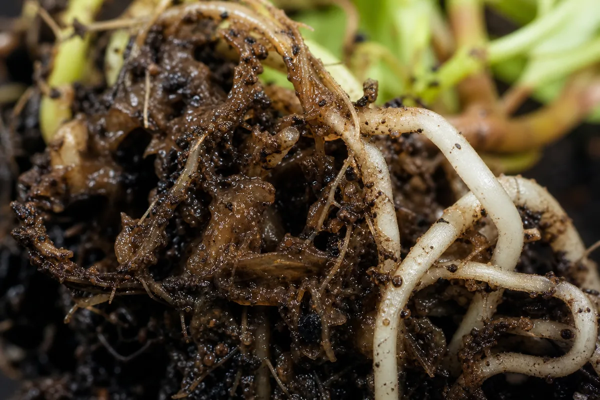 Close-up of Root Rot on Watermelon Peperomia - diagnostic detail