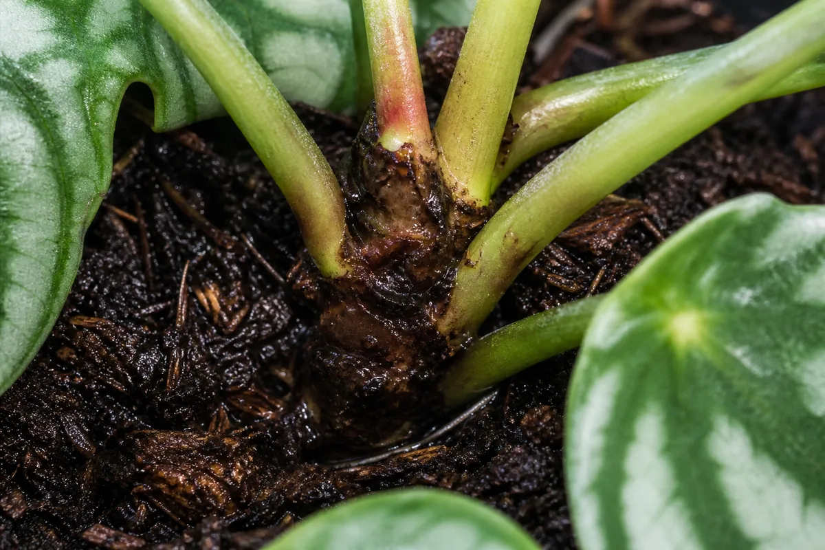 Close-up of Stem Rot on Watermelon Peperomia - diagnostic detail