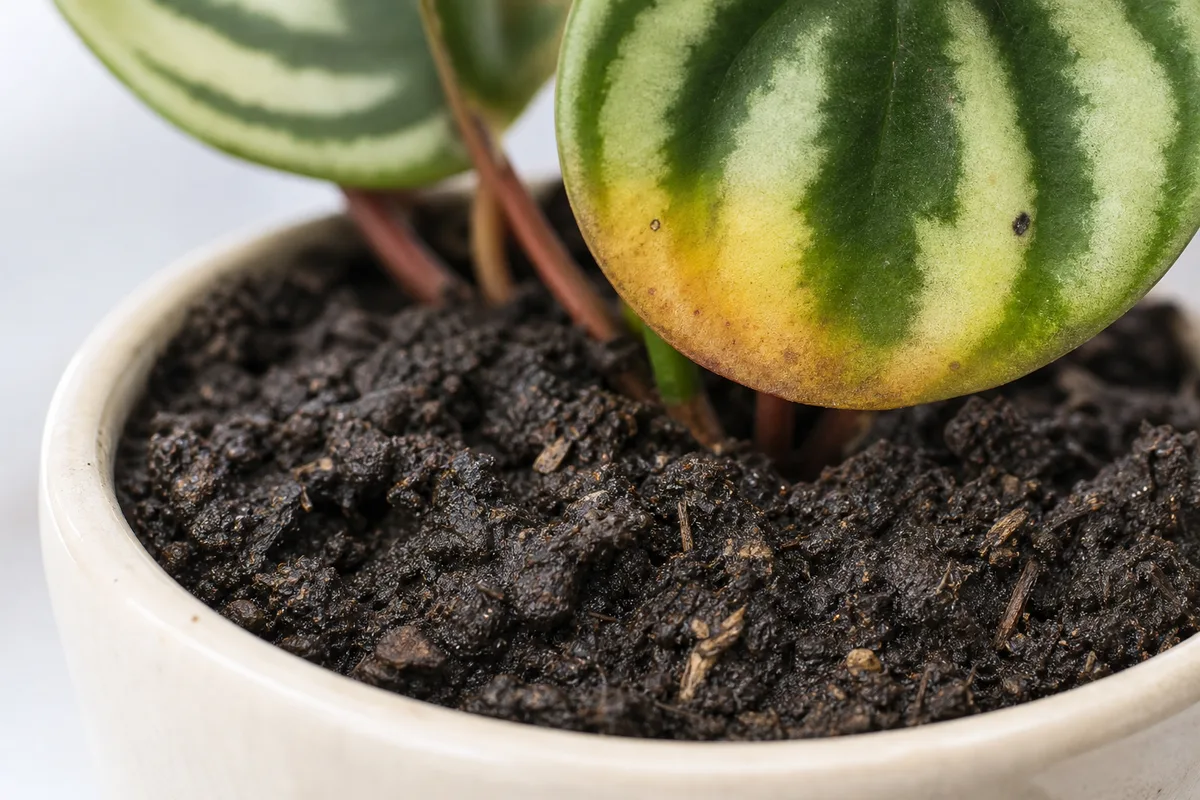 Close-up of Wrong Soil Mix on Watermelon Peperomia - diagnostic detail