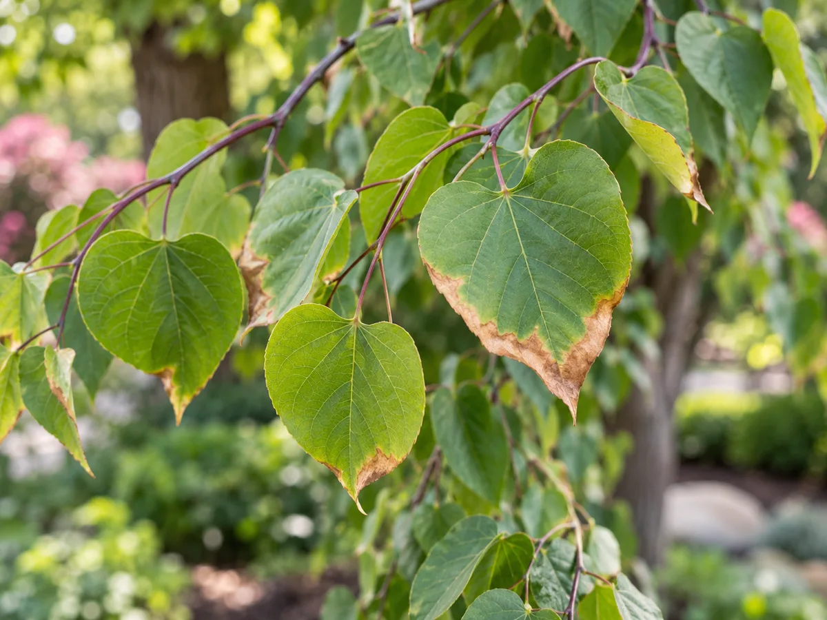 Mild browning along the edges of redbud leaves