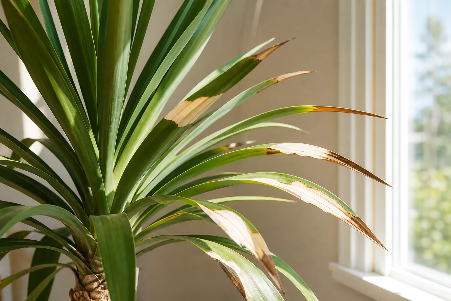 Sunburn / Scorched Leaves on Yucca Plant - visible symptom on the plant