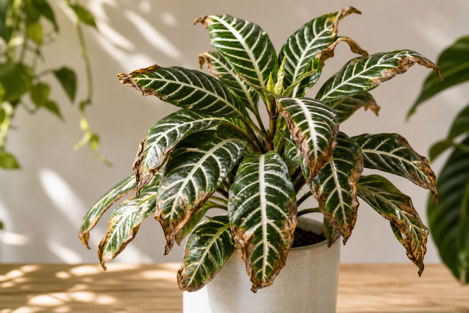 Crispy Leaves on Zebra Plant - visible symptom on the plant