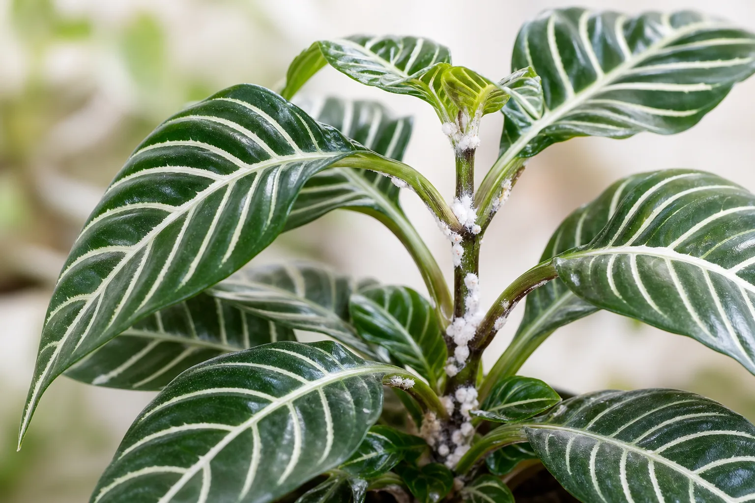 Mealybugs on Zebra Plant - visible symptom on the plant