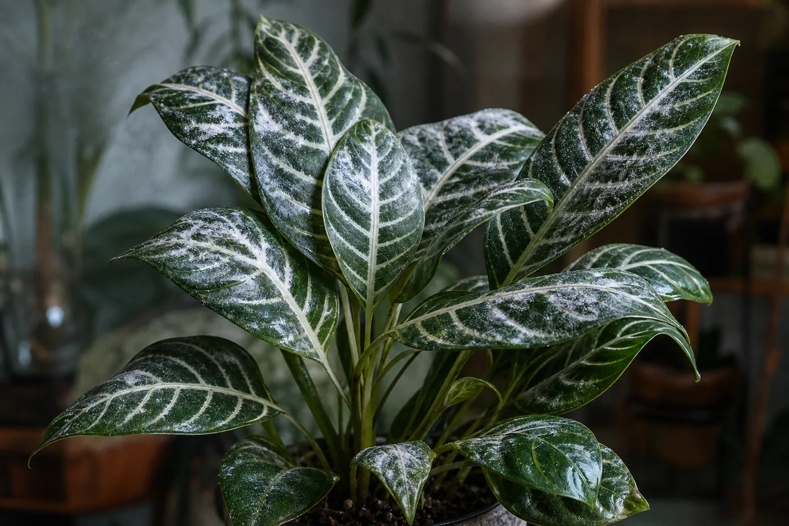 Powdery Mildew on Zebra Plant - visible symptom on the plant