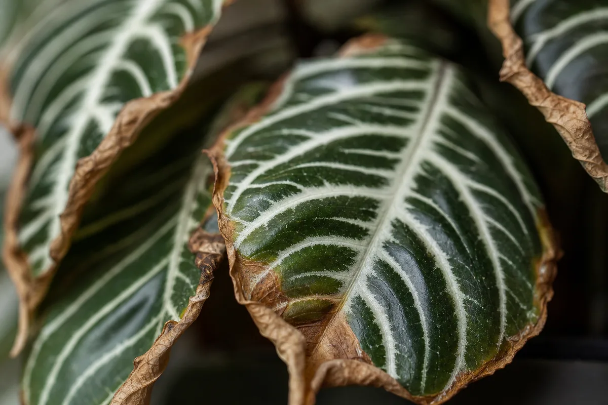 Close-up of Underwatering on Zebra Plant - diagnostic detail