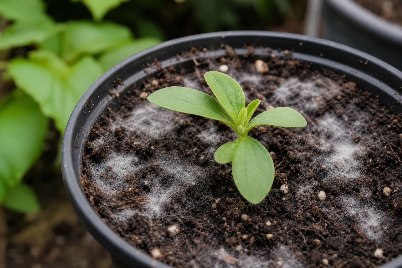 White fuzzy growth on seed-starting soil around a healthy young zinnia seedling