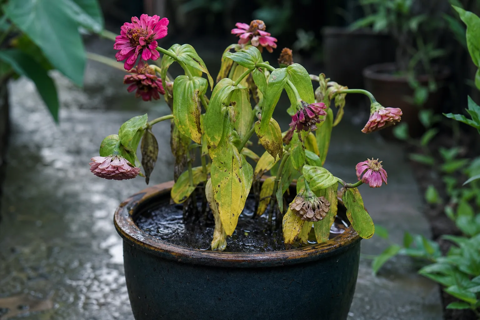 Overwatering on Zinnia - visible symptom on the plant
