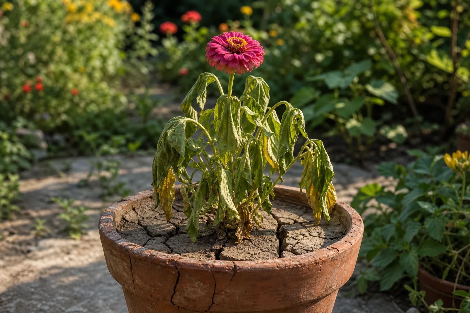 Underwatering on Zinnia - visible symptom on the plant