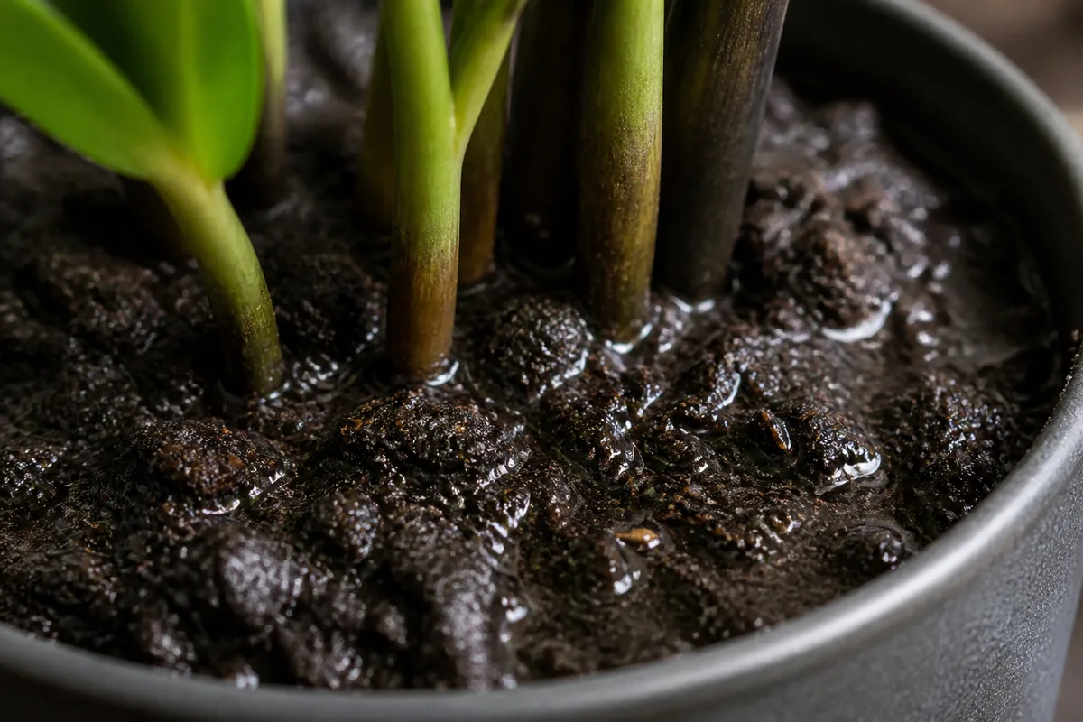Close-up of No Drainage Hole on ZZ Plant - diagnostic detail