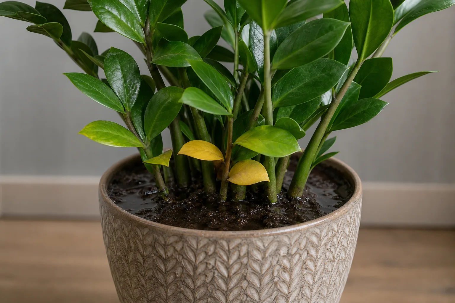 No Drainage Hole on ZZ Plant - visible symptom on the plant