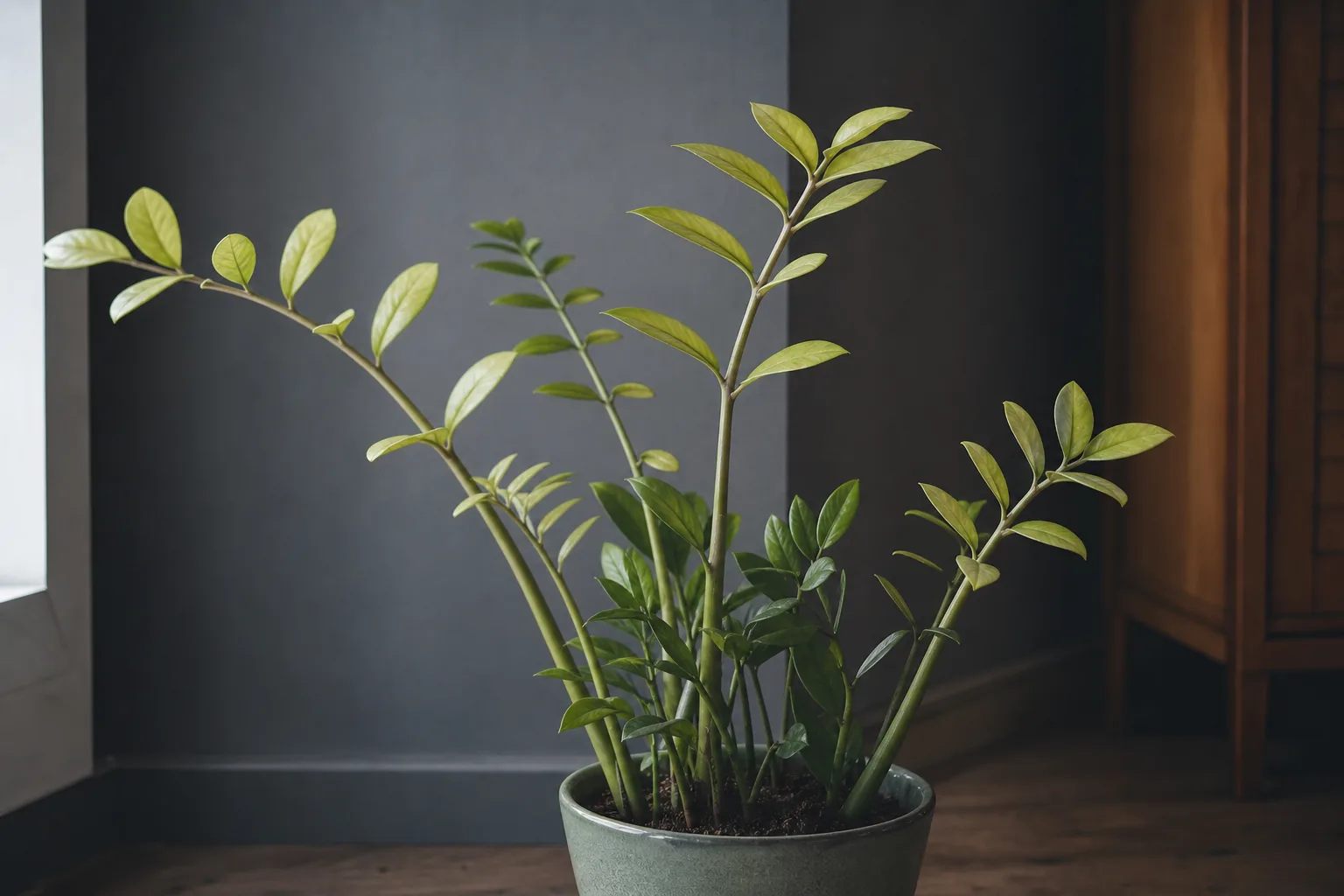 Not Enough Light on ZZ Plant - visible symptom on the plant