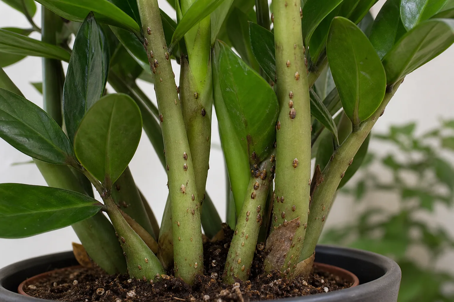 Scale Insects on ZZ Plant - visible symptom on the plant