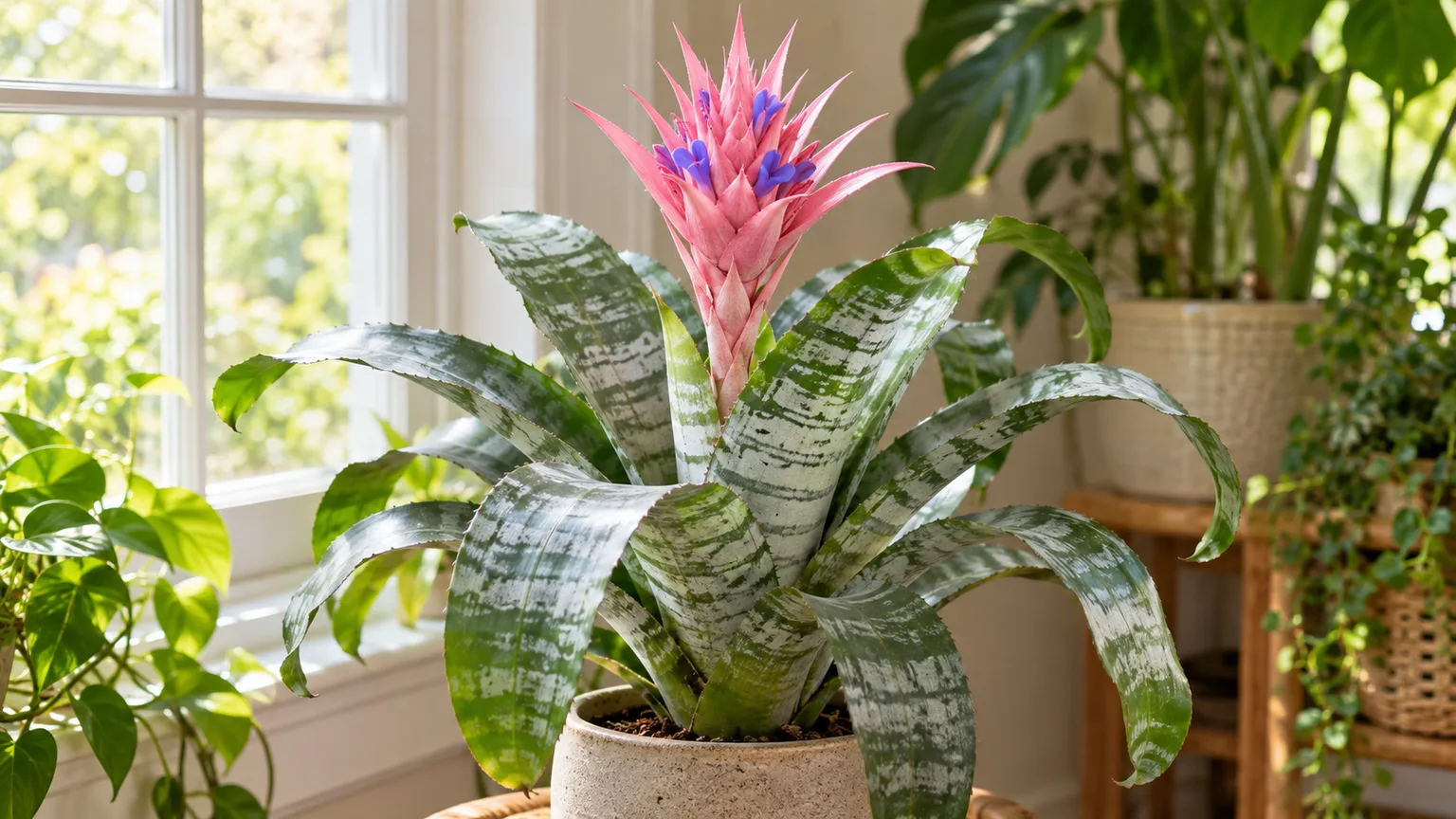 Urn plant with silver-banded leaves and a pink flower spike