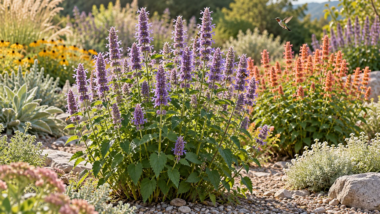 Agastache flower spikes in purple and coral-orange rising above a sunny, gravelly garden bed