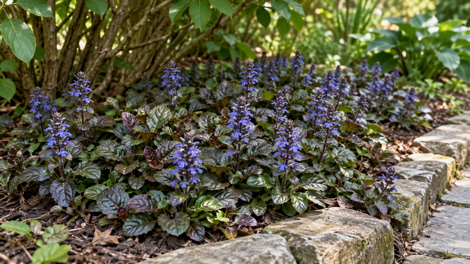 Healthy Ajuga reptans with blue-violet flower spikes growing as a contained garden ground cover