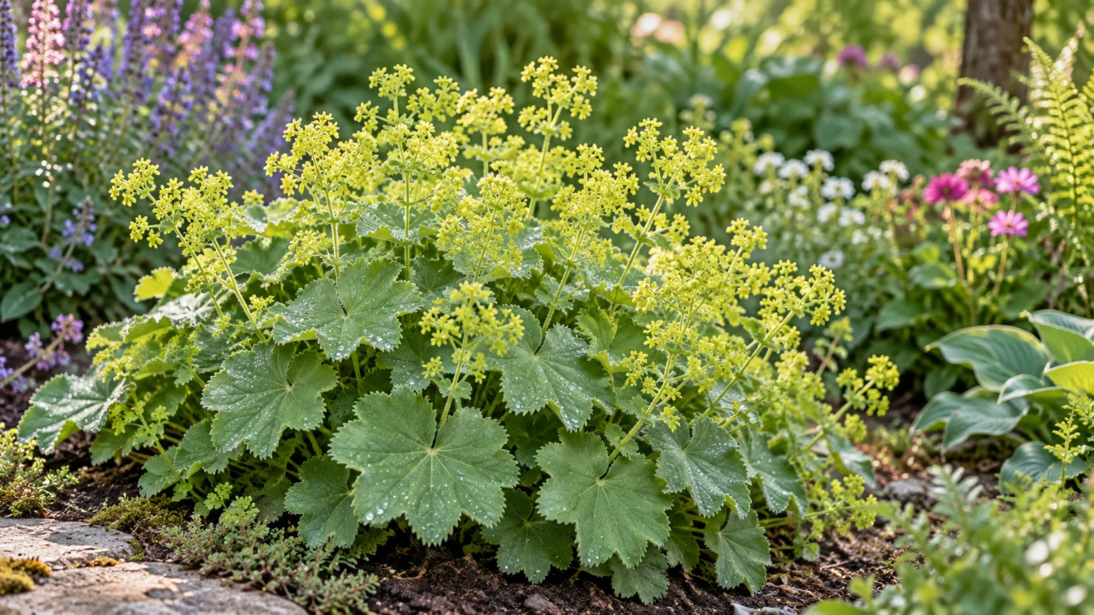 Healthy lady’s mantle with pleated leaves and chartreuse flowers in a shaded garden border