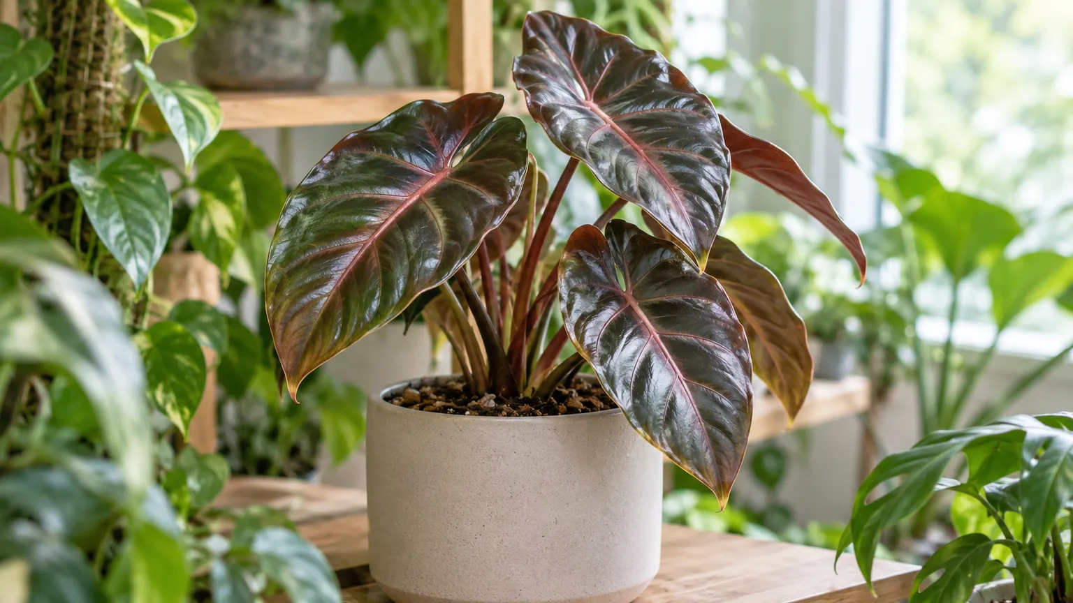 Healthy Alocasia azlanii with glossy dark leaves and pink veins in a bright indoor plant corner