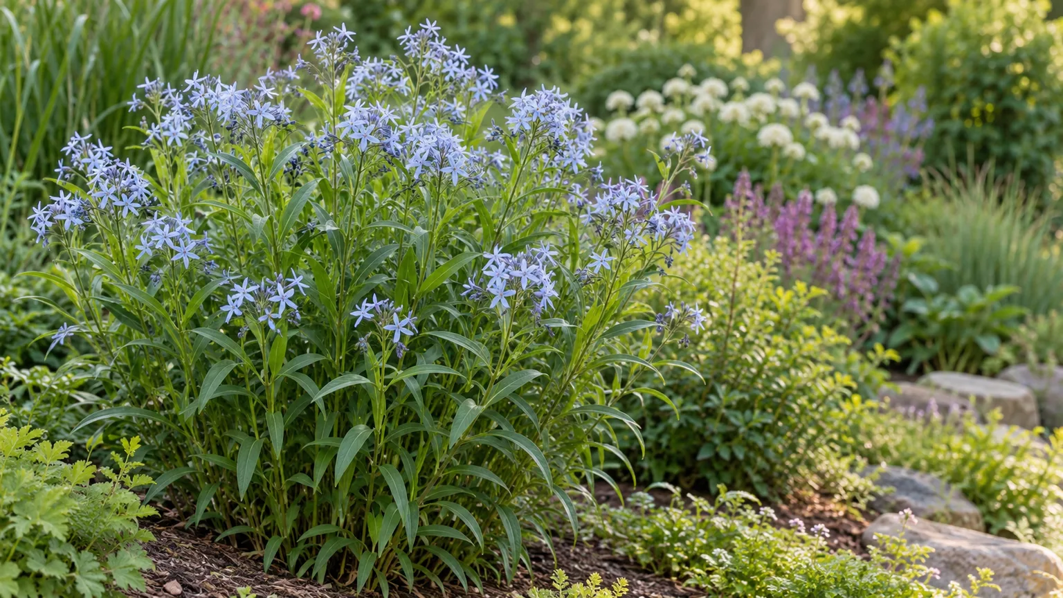 Eastern bluestar with pale blue flowers and willow-shaped leaves in a garden border